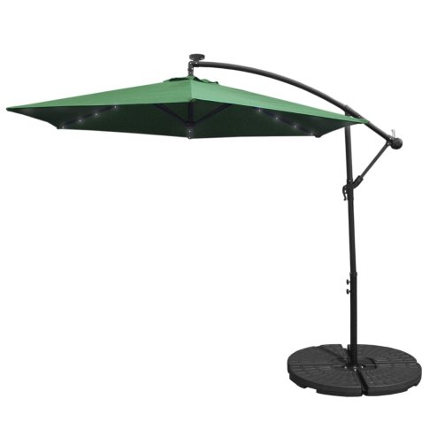 Green LED Cantilever Parasol 3m Banana Hanging Umbrella Garden Sun Shade Canopy Patio 360 Rotation Tilt UV Protection Winding Crank 24 Solar Powered Cool White LED Lights Waterproof Rain Cover & Base