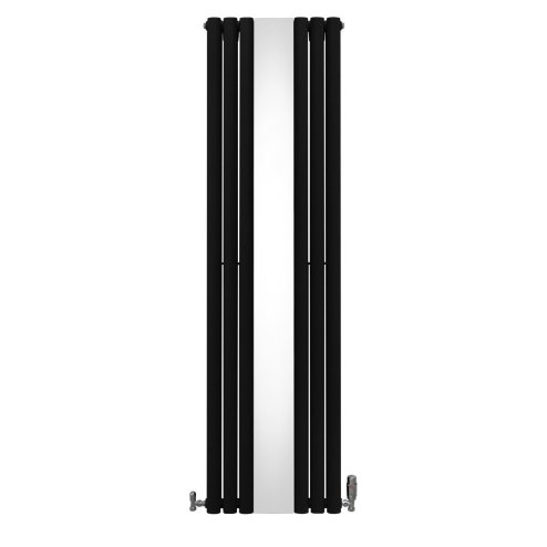 Oval Panel Radiator With Mirror 1800mm x 500mm & TRV Chrome Valves Designer Double Column Vertical Black Carbon Steel Wall Mounted Kitchen Living Room Cleaning Brush Fixing Kit & Brackets