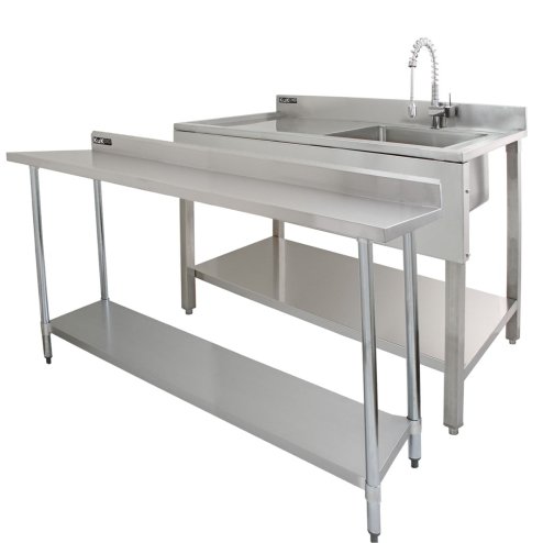 6ft Stainless Steel Catering Bench & 2 Wall Mounted Shelves Commercial Kitchen Work Prep Table Worktop Backsplash 2 Tier Adjustable Heavy Duty Corrosion Resistant FREE Microfibre Cloths & Fixing Kit
