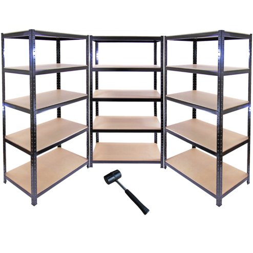 3 x 90cm Black Shed / Utility / Greenhouse Storage Racks Bays / Garage Shelving + 1 FREE Rubber Mallet