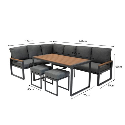 Aluminium Corner Sofa Set With Black Rattan Storage Box - Wood Effect