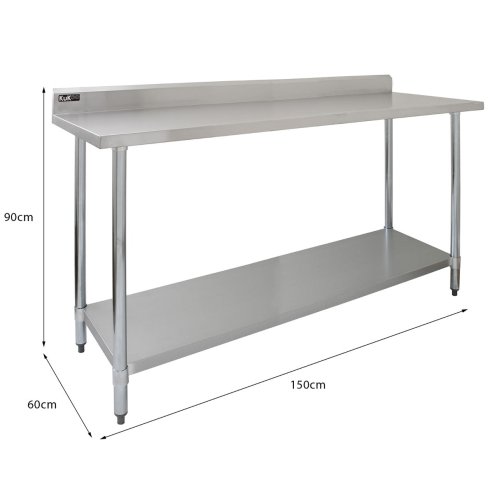 5ft Stainless Steel Catering Bench & 2 Wall Mounted Shelves Commercial Kitchen Work Prep Table Worktop Backsplash 2 Tier Adjustable Heavy Duty Corrosion Resistant FREE Microfibre Cloths & Fixing Kit
