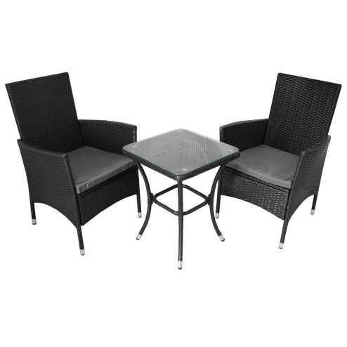 Black Rattan Bistro Set Garden Furniture 3 PCs Patio Weave Companion Outdoor Chairs Table Glass Top Set Conservatory Balcony 2 Seater Grey Cushions Washable Covers UV Protection | FREE Rain Cover