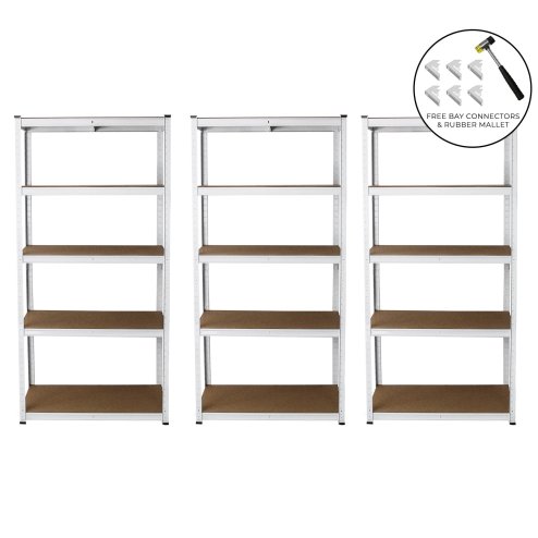 3 Garage Shelving Units 5 Tier Racking Storage Warehouse Bays Industrial Heavy Duty Boltless Steel Shelves / FREE Rubber Mallet & Bay Connectors