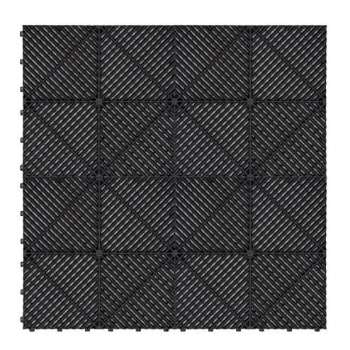 Vented Modular Interlocking Flooring Tiles & Edges 225 x Black Double Garage Heavy Duty Floor Mat Showroom Workshop Outdoor Polypropylene Anti Slip Weather Resistant Drainage Channels 6m x 6m 36m2