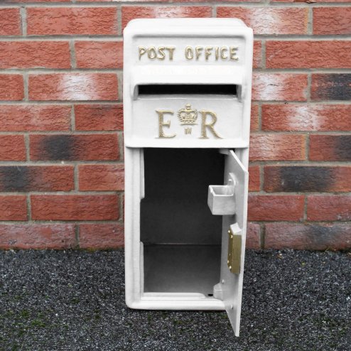 Royal Mail Post Box ER Cast Iron Wall Mounted Wedding Authentic Pillar Replica Lockable Post Office Letter Box White