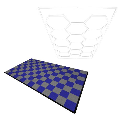 Vented Modular Interlocking Flooring Tiles 60 Grey & 60 Blue With Edges & Hexagon LED Lighting 14 White Lights & Border 6500K 3 Mount Options & Suspended Ceiling Kit Single Garage Floor Mat 3.2m x 6m