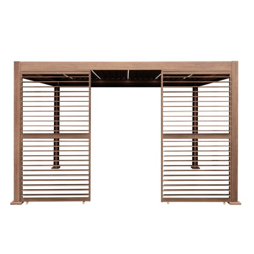 Wood Effect Aluminium Pergola With Blinds, 2 x Side Panels & LED Lights - 4m x 3m