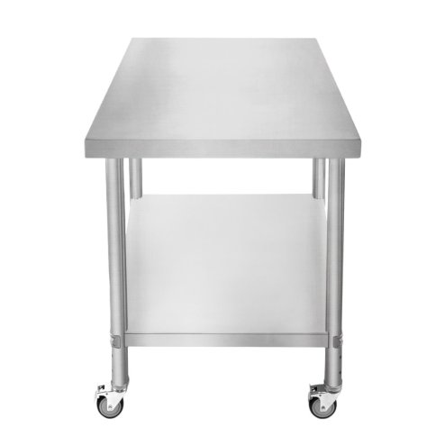 Catering Work Bench Table Stainless Steel Food Prep Kitchen Mobile 4 x Castor Wheels With 2 Brakes & 4 Adaptable Feet Adjustable Lower Shelf 3 Positions 160kg Load Capacity 76cm x 90cm x 86cm