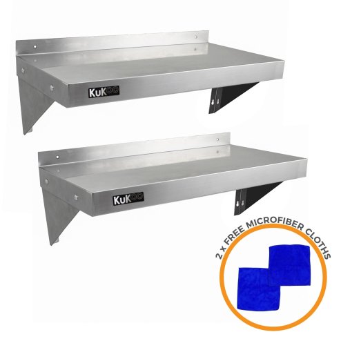 KuKoo Commercial Catering Corrosion Resistant x 2 Stainless Steel Kitchen Wall Shelf & Free Microfiber Cloths 900mm x 300mm