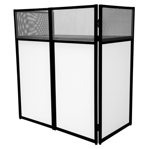 DJ Disco Booth Stand Mixer Shelf Foldable Portable Screen Table Powder Coated Steel Interchangeable Stretch Cloth Panels 1 x Black & 2 x White Cloths Carry Storage Bag Secure Handle Lock Complete Set