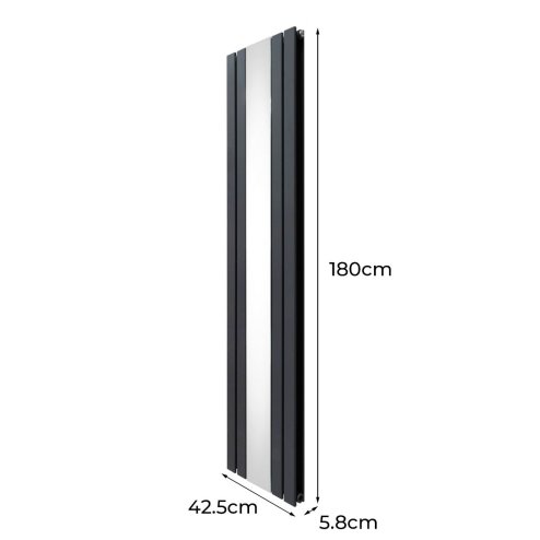 Flat Panel Radiator With Mirror 1800mm x 425mm & TRV Chrome Valves Designer Double Column Vertical Anthracite Grey Carbon Steel Wall Mounted Kitchen Living Room Cleaning Brush Fixing Kit & Brackets