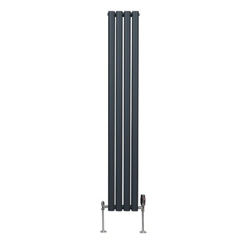 Oval Column Radiator 1600mm x 240mm & TRV Chrome Valves Modern Designer Double Panel Central Heating Heater Anthracite Grey Steel Vertical Kitchen Living Room FREE Cleaning Brush Fixing Kit & Brackets