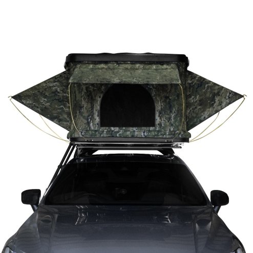 Car Roof Top Tent Camouflage Large Hard Shell Box Gas Assisted Pop Up Bunk 2-3 Person 3000mm Waterproof Camping Telescopic Ladder 5.5cm Mattress Boot Bags Anti Condensation FREE Storage Net & Torch