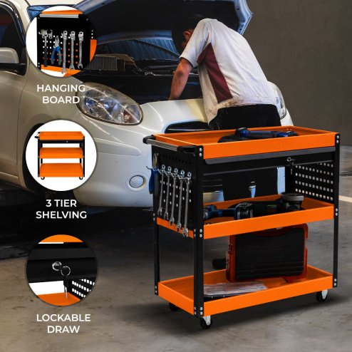 Tool Storage Tolley 3 Tier Portable Cart Roller Cabinet Lockable Drawer 2 Keys 4 Castor Wheels Handle 2 Hanging Boards 6 Hooks 150kg Capacity Workshop Garage Utility DIY Heavy Duty Powder Coated Steel