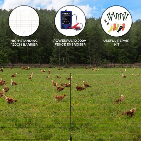 Electric Fence Energiser & Poultry Netting 50m Roll Fencing Battery Powered Controller 10KM Range Chicken Hen Turkey Net Mesh 11 Wires 120cm High 14 Double Spikes Repair Kit Ground Spikes Earth Stake
