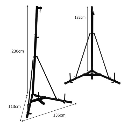 Folding Punch Bag Stand 68kg 150lbs Free Standing Hanging Frame Height Adjustable 182cm - 230cm / 6ft - 7.5ft Boxing Martial Arts Equipment Stable Triangle Base Heavy Duty Steel Weight Plate Holder