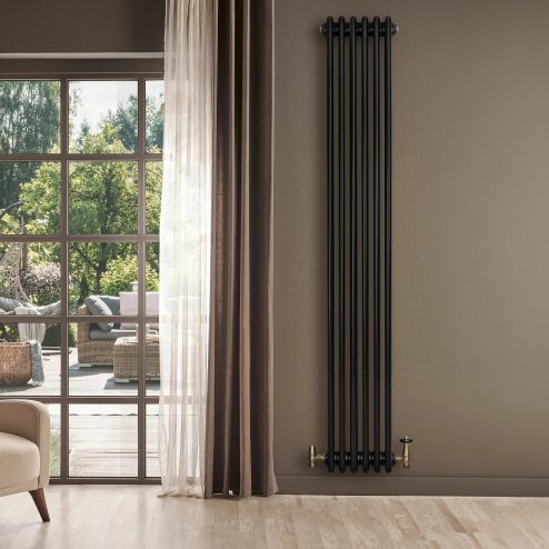 Traditional 4 Column Radiator & Valves - 1800 x 290mm - Black
