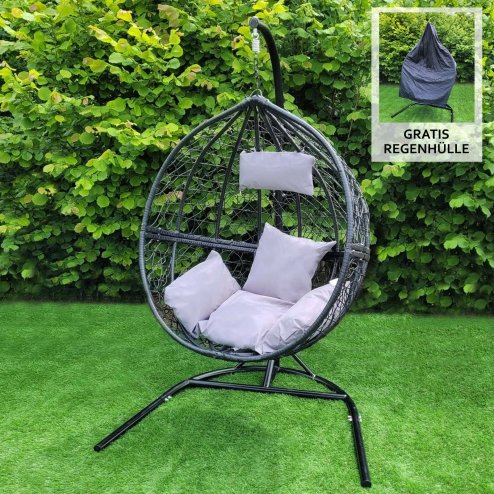 Swing Hanging Egg Chair Rattan Bench Garden Patio Outdoor Indoor Furniture Hammock Basket Seat Black | with Cushions, Waterproof Cover and Stand