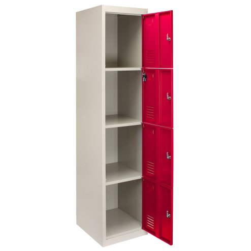 MonsterShop Metal Lockers 4 Door Storage, Flatpack Red & Grey Metal Lockable Unit, School Staff Gym Changing