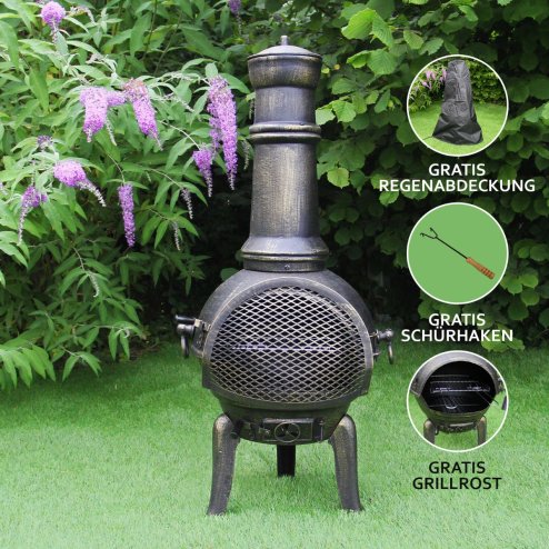 Chiminea Outdoor Patio Heater Garden Log Fire Pit Burner Wood Cast Iron Chimney Chimenea BBQ Frost Proof Spark Guard Rain Cover Poker Barbeque Toasting Rack | Bronze Effect | 110cm Tall