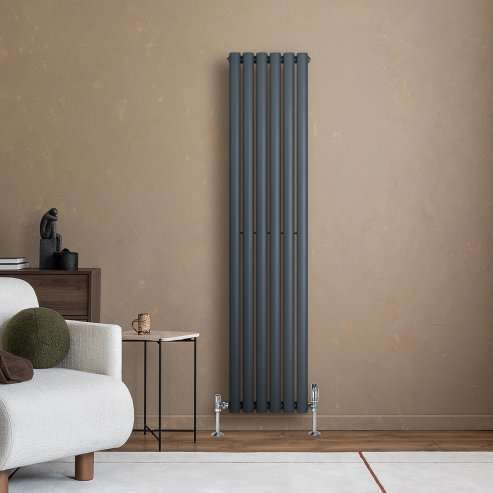 Oval Single Column Radiator & Valves - 1600mm x 360mm - Anthracite Grey