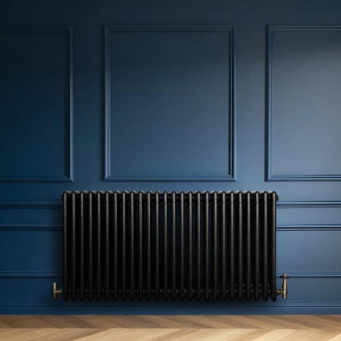 Traditional 4 Column Radiator & Valves - 600 x 1190mm - Black