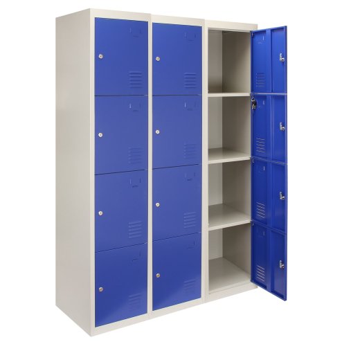 MonsterShop 3 x Metal Lockers, 4 Door Storage, Blue & Grey Metal Lockable Unit, School Staff Gym Changing Room