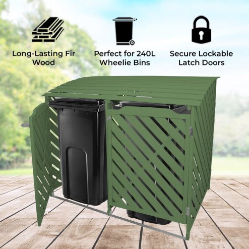 Double Sage Green Wheelie Bin Storage Shed Garden Latched Lockable Outdoor Dustbin Cover Store Unit Chain Lid