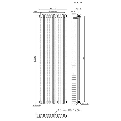 Traditional 2 Column Radiator - 1800 x 560mm - Raw Metal