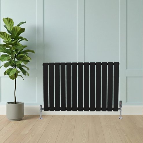 Flat Single Column Radiator & Valves - 600mm x 910mm - Black