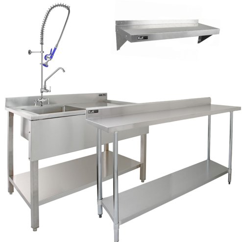 6ft Stainless Steel Catering Bench & 2 Wall Mounted Shelves Commercial Kitchen Work Prep Table Worktop Backsplash 2 Tier Adjustable Heavy Duty Corrosion Resistant FREE Microfibre Cloths & Fixing Kit