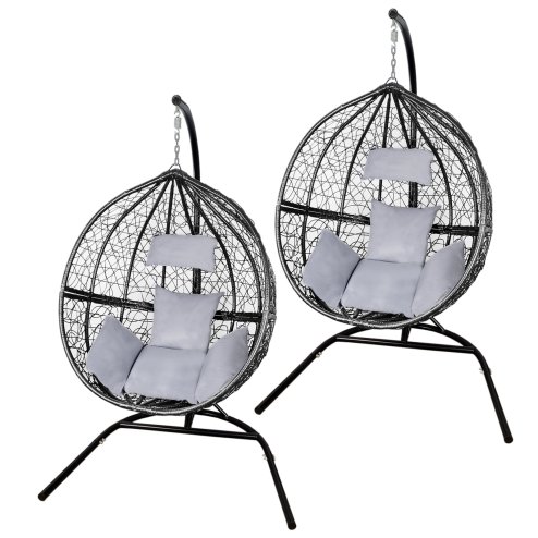 Swing Hanging Egg Chair Rattan Bench Garden Patio Outdoor Indoor Furniture Hammock Basket Seat Black | with Cushions, Waterproof Cover and Stand