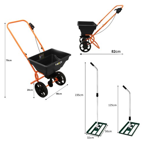 Lawn Leveller & Rotary Spreader Gritter Fertiliser Garden Levelling Rake Lute 50cm x 32cm Green Removable Extendable Handle Salt Grit Sand Seed Rain Cover & Gloves