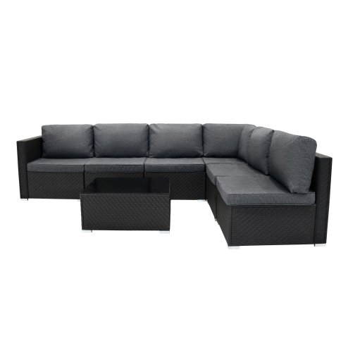 Rattan Garden Corner Furniture Set Outdoor Premium 7 PC Black 5 Seater Modular Sofa Chairs With Cushions Glass Top Coffee Table UV Protected Metal