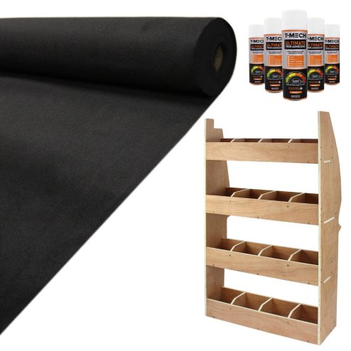 Camper Van Lining Carpet 11m2 Black 4 Way Super Stretch & Citroen Berlingo Van Racking Plywood Tool Storage Utility Ply Toolbox Transporter Shelves Rack Unit Motorhome 5 x Adhesive Glue Cans Kit