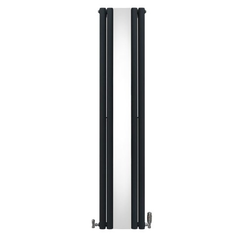 Oval Panel Radiator With Mirror 1800mm x 380mm & TRV Chrome Valves Designer Double Column Vertical Anthracite Grey Carbon Steel Wall Mounted Kitchen Living Room Cleaning Brush Fixing Kit & Brackets