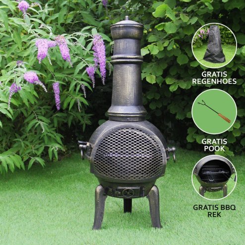 Chiminea Outdoor Patio Heater Garden Log Fire Pit Burner Wood Cast Iron Chimney Chimenea BBQ Frost Proof Spark Guard Rain Cover Poker Barbeque Toasting Rack | Bronze Effect | 110cm Tall