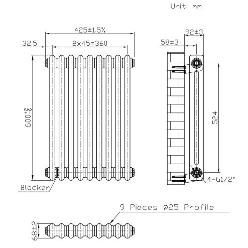 Traditional 2 Column Radiator - 600 x 425mm - Raw Metal