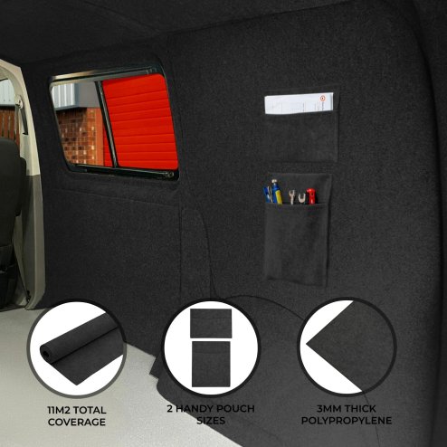 Camper Van Lining & 2 x Storage Pouches Anthracite Grey Carpet 4 Way Stretch 2m Wide 11m2 Coverage Car Motorhome Vehicle Interior Campervan Conversion 2 Size Tool Paperwork Document Pocket Organiser