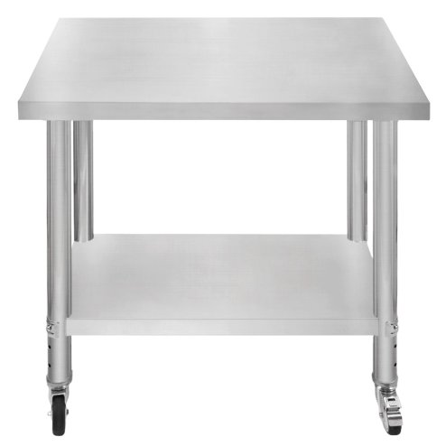 Catering Work Bench Table Stainless Steel Food Prep Kitchen Mobile 4 x Castor Wheels With 2 Brakes & 4 Adaptable Feet Adjustable Lower Shelf 3 Positions 160kg Load Capacity 76cm x 90cm x 86cm