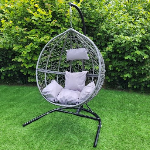 Swing Hanging Egg Chair Rattan Bench Garden Patio Outdoor Indoor Furniture Hammock Basket Seat Grey | with Cushions, Waterproof Cover and Stand