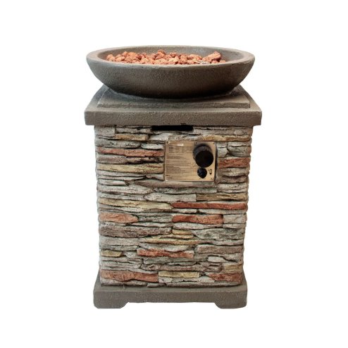 Gas Fire Pit Stone Home Outdoor Garden Patio Heater Burner Adjustable Flame Magnesium Oxide Furniture Smokeless Square Bowl Integrated Ignition Propane Lava Rocks Gas Regulator Hose Waterproof Cover