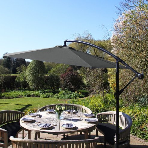 3m Cantilever Garden Parasol Banana Hanging Umbrella Winding Crank Shade Patio Outdoor Sun Shade Tilt UV Protection | Grey Fan Base