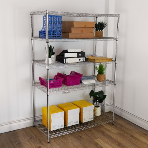Wire Shelving Rack 5 Tier Metal Storage Unit Heavy Duty Free Standing Boltless Height Adjustable Shelves & Levelling Feet Kitchen Office Garage Silver Chrome 1000kg Weight Capacity