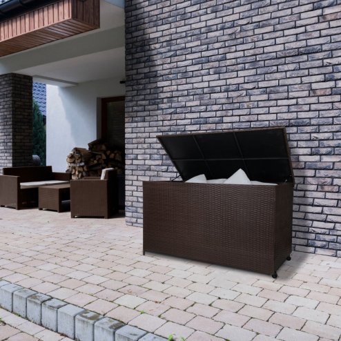 Rattan Garden Storage Brown Box & Waterproof Carry Bag Large Cushion Blanket Tools Toys Furniture Chest 582L Outdoor Patio Deck Steel Frame UV & Weather Resistant Gas Assisted Lift Lid Portable Wheels