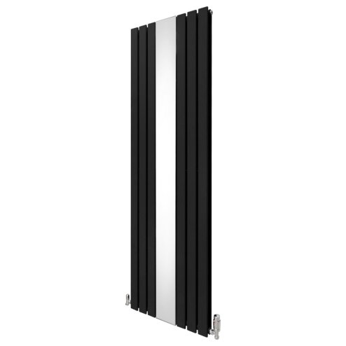 Flat Panel Radiator With Mirror 1800mm x 565mm & TRV Chrome Valves Designer Double Column Vertical Black Carbon Steel Wall Mounted Kitchen Living Room Cleaning Brush Fixing Kit & Brackets