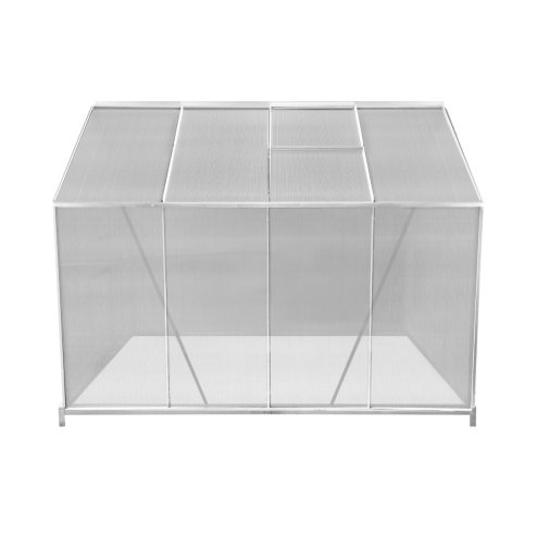 Greenhouse 6 x 8ft Aluminium Polycarbonate Steel Base Silver Weather Resistant Frame Support Bars Interchangeable Sliding Door 2 Roof Window Vents Walk In Gutter FREE W Clips