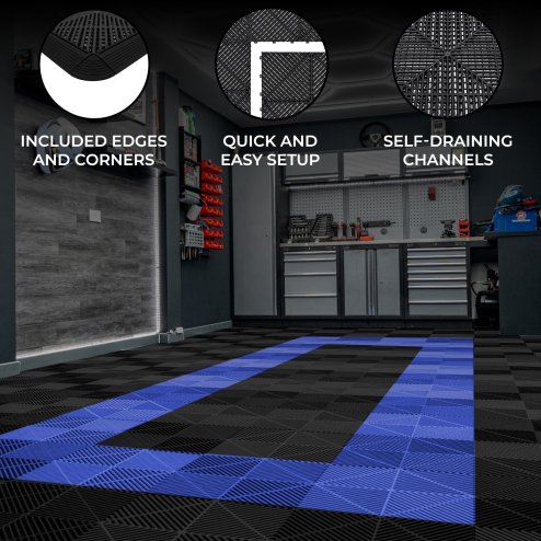 Vented Modular Interlocking Flooring Tiles & Edges 90 Black & 30 Blue Single Garage Heavy Duty Floor Mat Showroom Workshop Outdoor Polypropylene Anti Slip Weather Resistant Drainage 3.2m x 6m 19.2m2