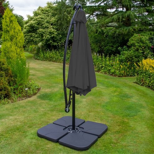 LED Cantilever Parasol 3m Grey Banana Hanging Umbrella Garden Sun Shade Canopy Patio 360 Rotation Tilt UV Protection Winding Crank 24 Solar Powered Cool White Lights FREE Rain Cover & Square Base